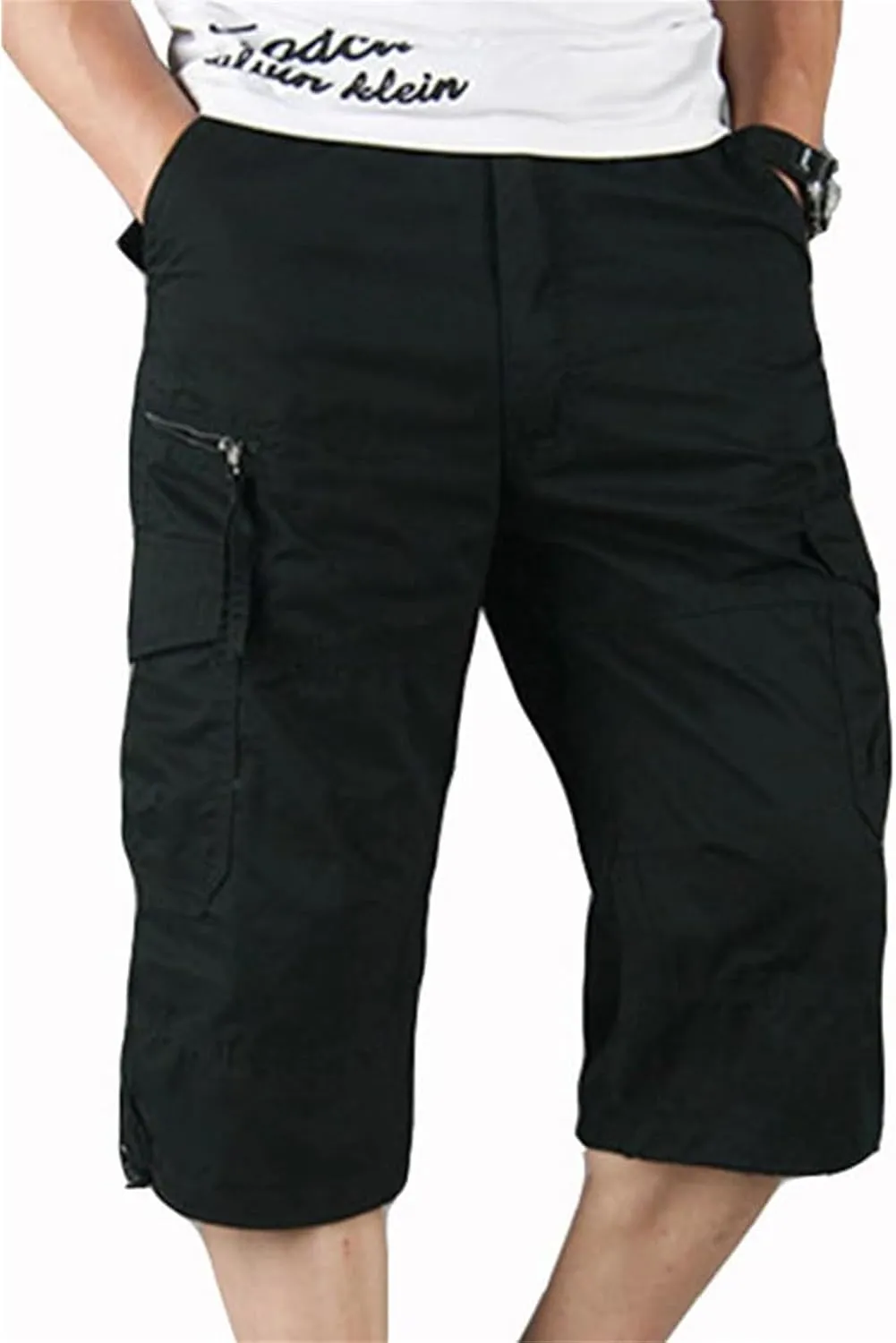 Capri Long Twill Cargo Shorts for Big Tall Men Classic Cotton Below Knee Short Relaxed Fit Casual Multi-Pocket Shorts