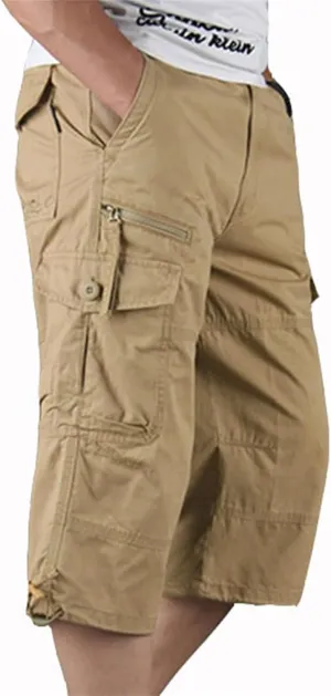Capri Long Twill Cargo Shorts for Big Tall Men Classic Cotton Below Knee Short Relaxed Fit Casual Multi-Pocket Shorts