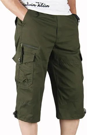 Capri Long Twill Cargo Shorts for Big Tall Men Classic Cotton Below Knee Short Relaxed Fit Casual Multi-Pocket Shorts