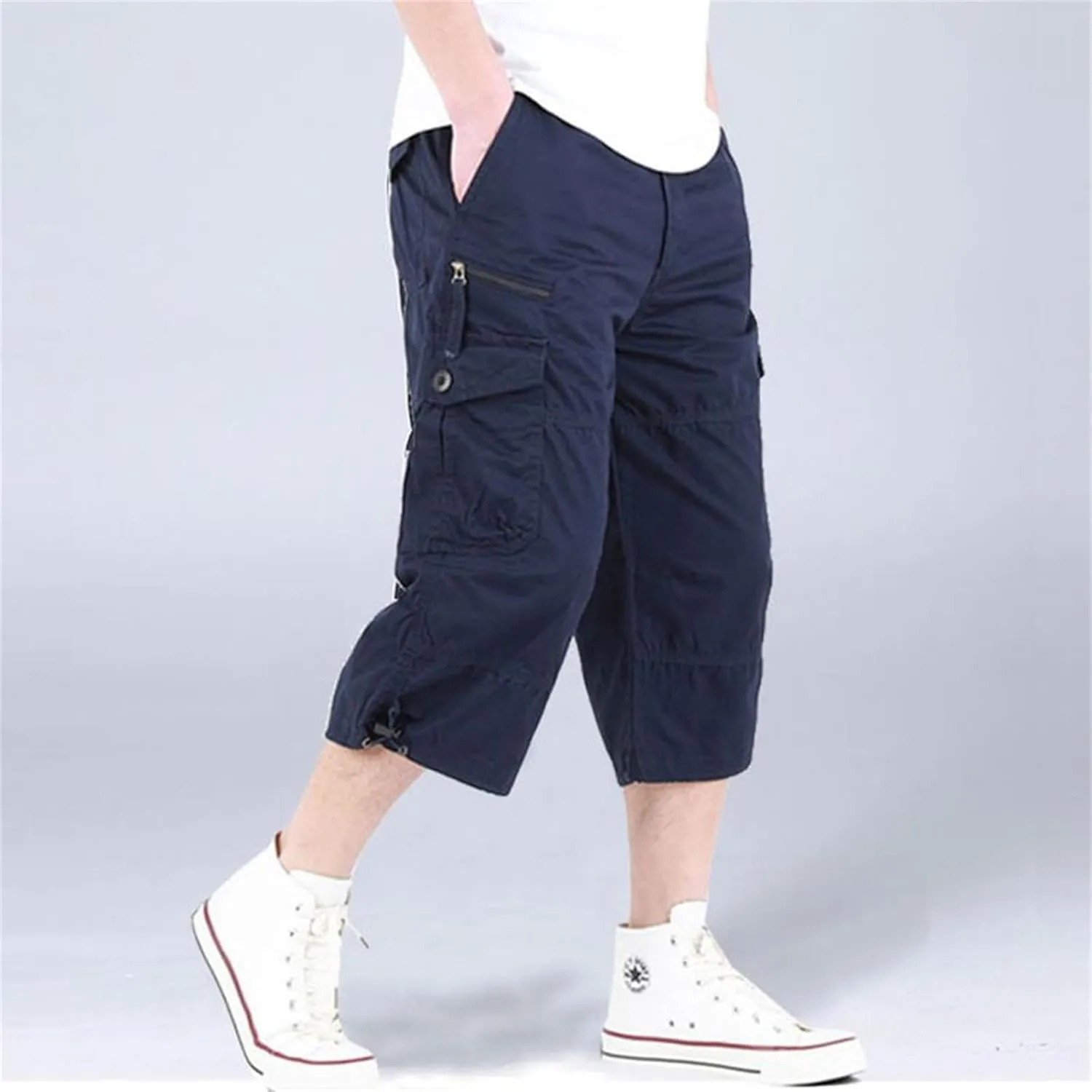 Capri Long Twill Cargo Shorts for Big Tall Men Classic Cotton Below Knee Short Relaxed Fit Casual Multi-Pocket Shorts