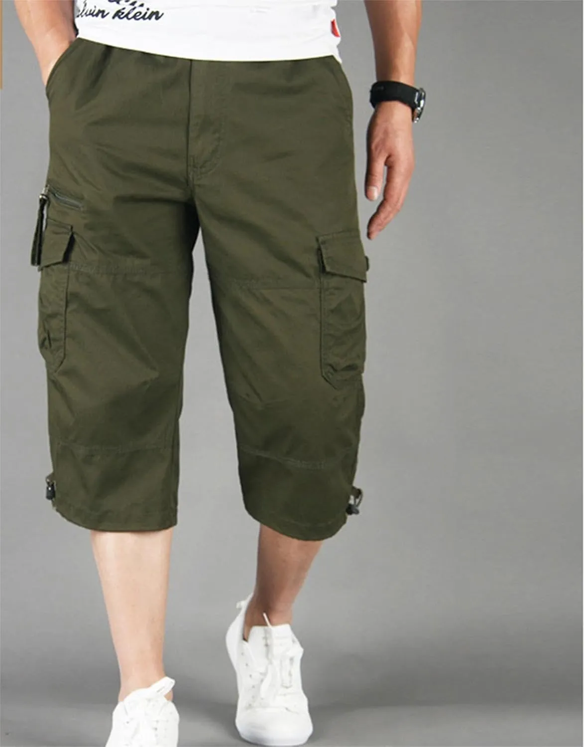Capri Long Twill Cargo Shorts for Big Tall Men Classic Cotton Below Knee Short Relaxed Fit Casual Multi-Pocket Shorts