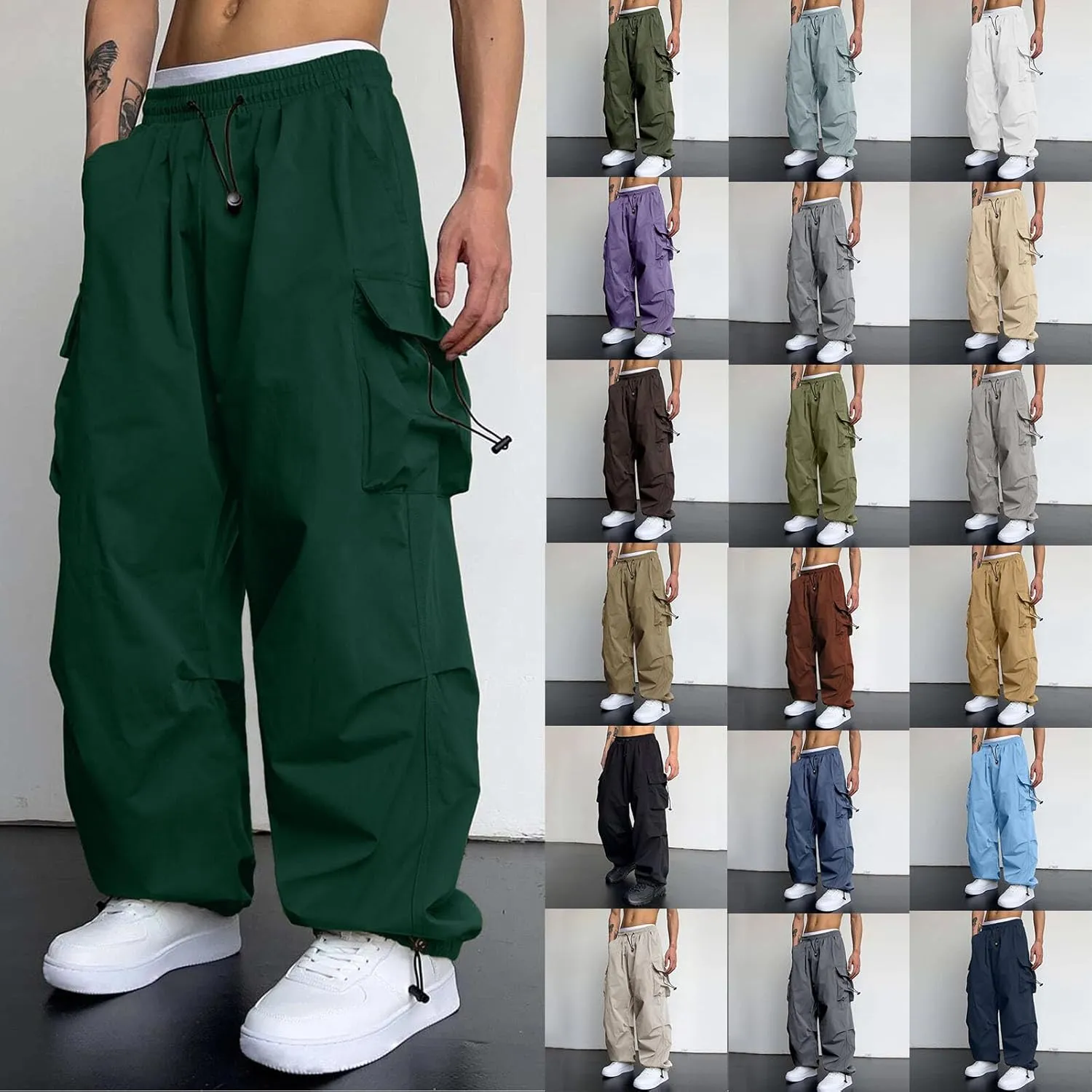 Cargo Pants for Men Baggy Parachute Pants Men Streetwear Y2K Joggers Drawstring Sweatpants Mens Lightweight Trousers