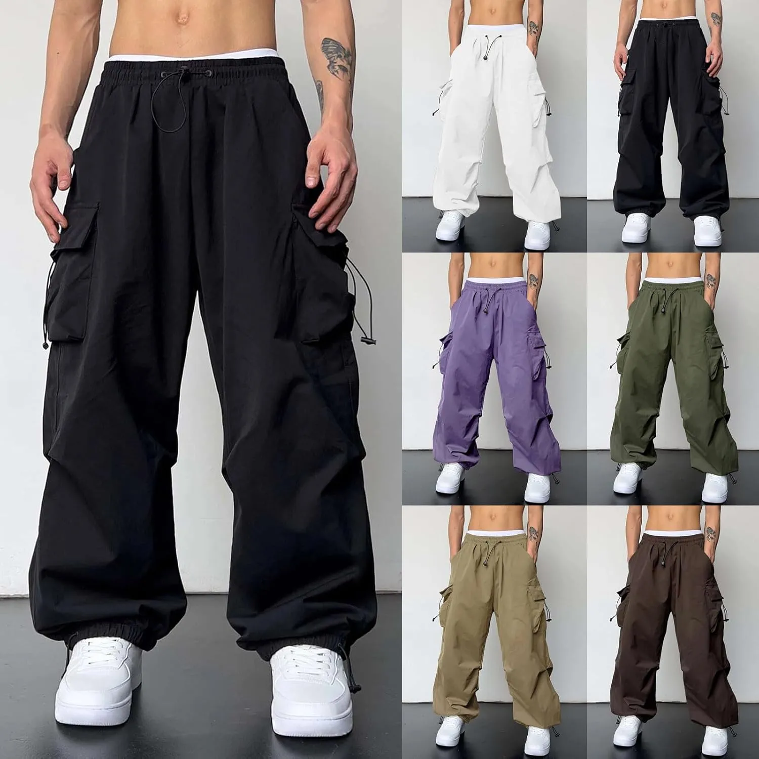 Cargo Pants for Men Baggy Parachute Pants Men Streetwear Y2K Joggers Drawstring Sweatpants Mens Lightweight Trousers