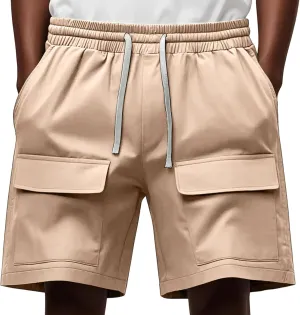 Cargo Shorts for Men Solid Color Drawstring Casual Sweat Short with Multiple Pockets Outdoor Running Shorts