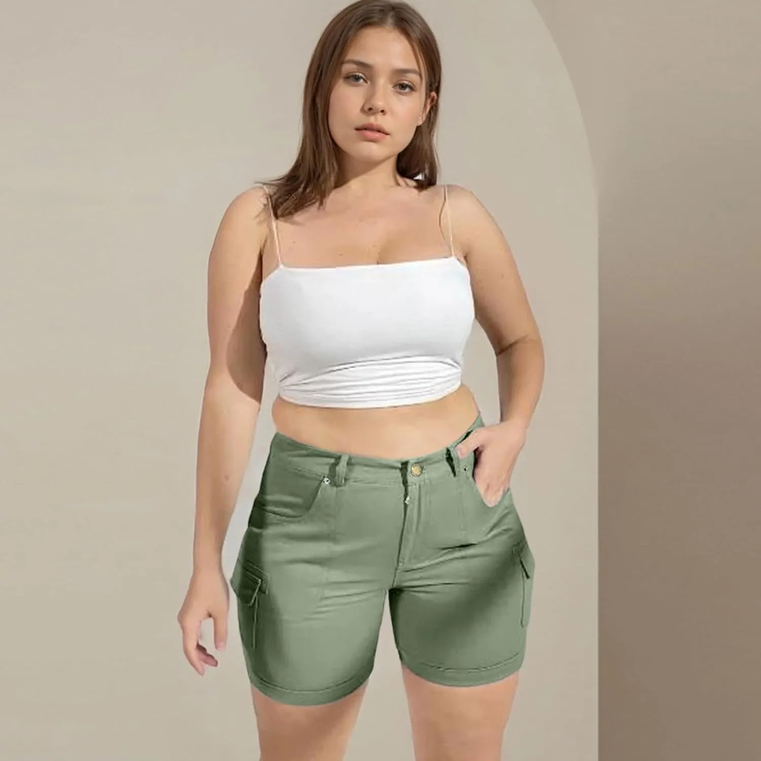 Cargo Shorts for Women Casual Summer High Waisted Jean Shorts with Pockets Knee Length Pull On Hiking Outfits