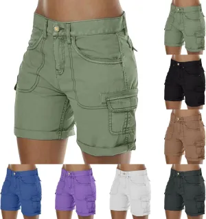 Cargo Shorts for Women Casual Summer High Waisted Jean Shorts with Pockets Knee Length Pull On Hiking Outfits