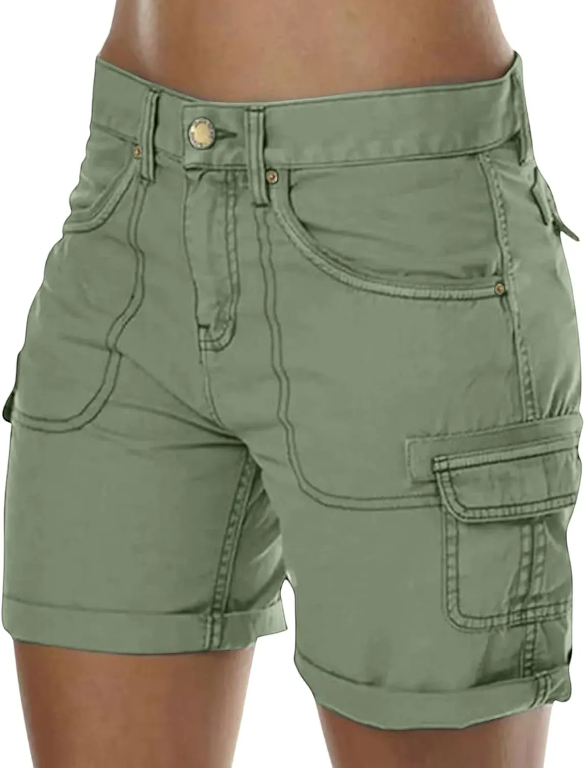Cargo Shorts for Women Casual Summer High Waisted Jean Shorts with Pockets Knee Length Pull On Hiking Outfits