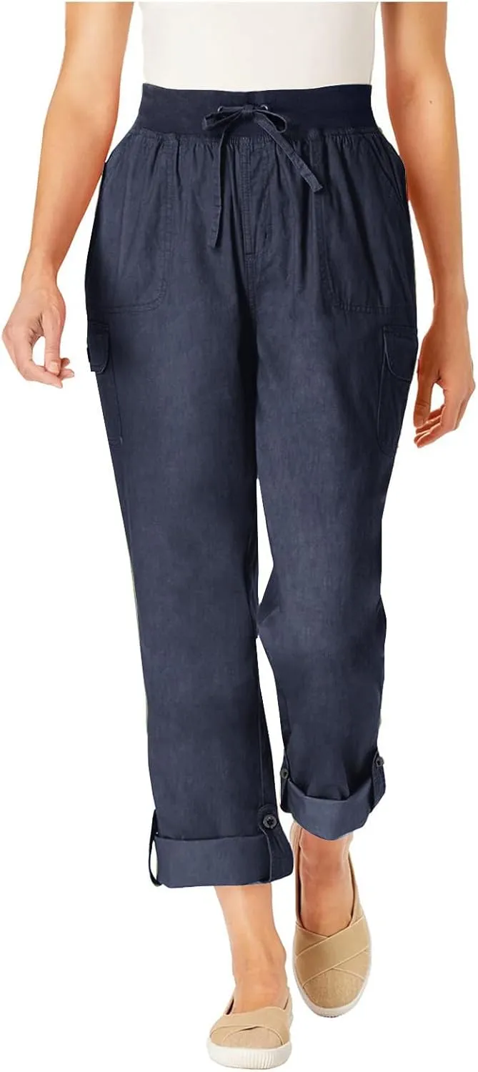 Casual Wide Leg Pants Women High Elastic Waisted Drawstring Slacks Collapsible Feet Straight Leg Trousers with Pockets