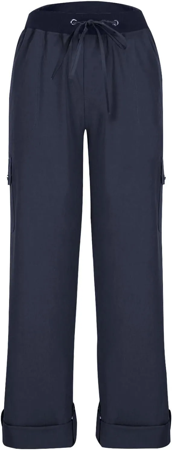 Casual Wide Leg Pants Women High Elastic Waisted Drawstring Slacks Collapsible Feet Straight Leg Trousers with Pockets