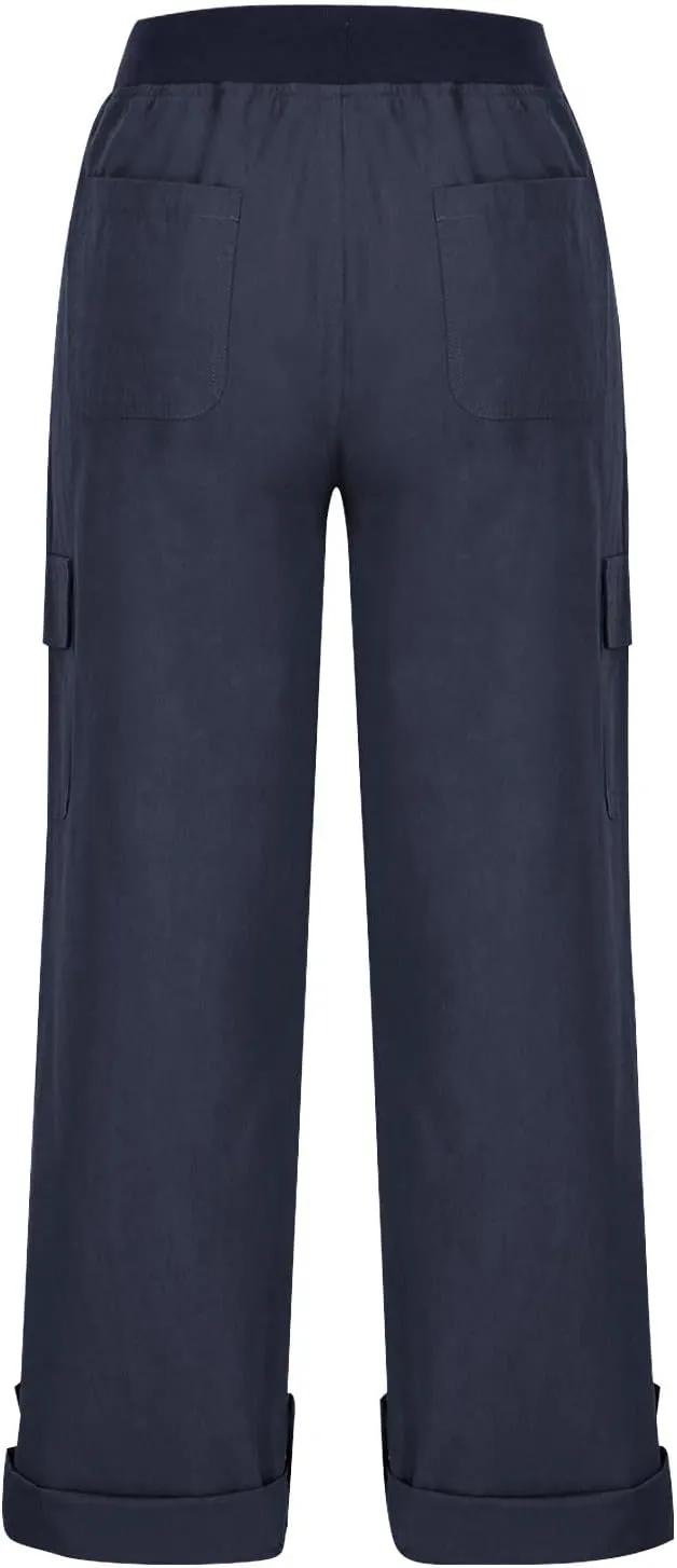 Casual Wide Leg Pants Women High Elastic Waisted Drawstring Slacks Collapsible Feet Straight Leg Trousers with Pockets