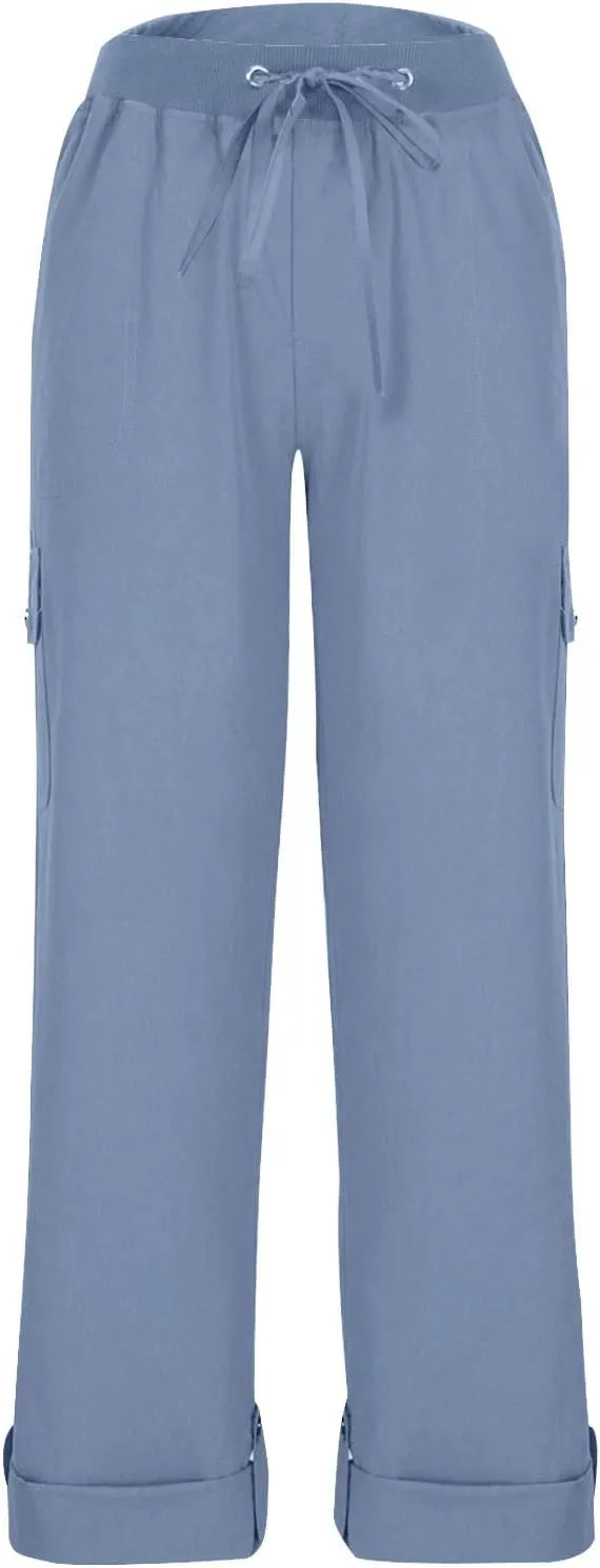 Casual Wide Leg Pants Women High Elastic Waisted Drawstring Slacks Collapsible Feet Straight Leg Trousers with Pockets