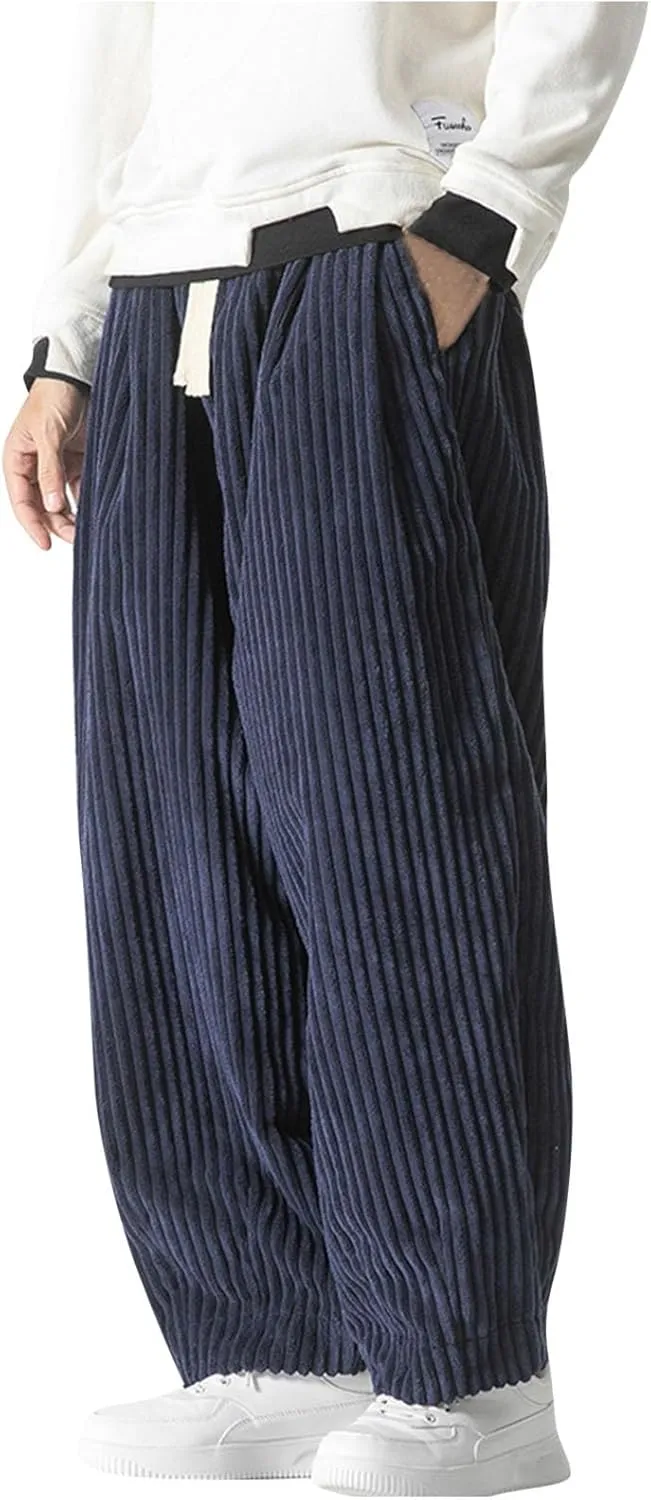Corduroy Hippie Harem Pants for Men Casual Solid Baggy Trendy Sweatpants Elastic Waist Streetwear Trousers with Pockets