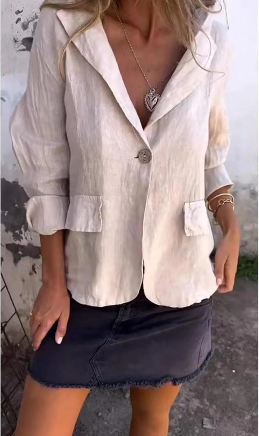 Cotton and Linen Casual Lapel Single-Button Thin Coat, for Womens Long Sleeve Loose Casual Blazer Jackets