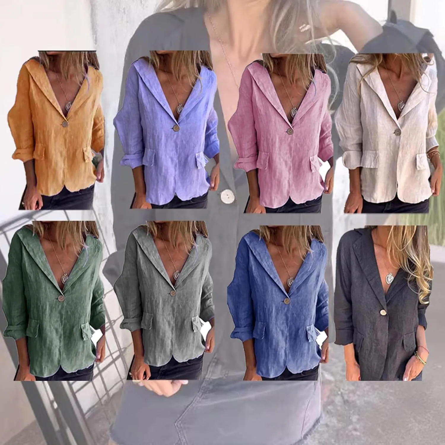 Cotton and Linen Casual Lapel Single-Button Thin Coat, for Womens Long Sleeve Loose Casual Blazer Jackets