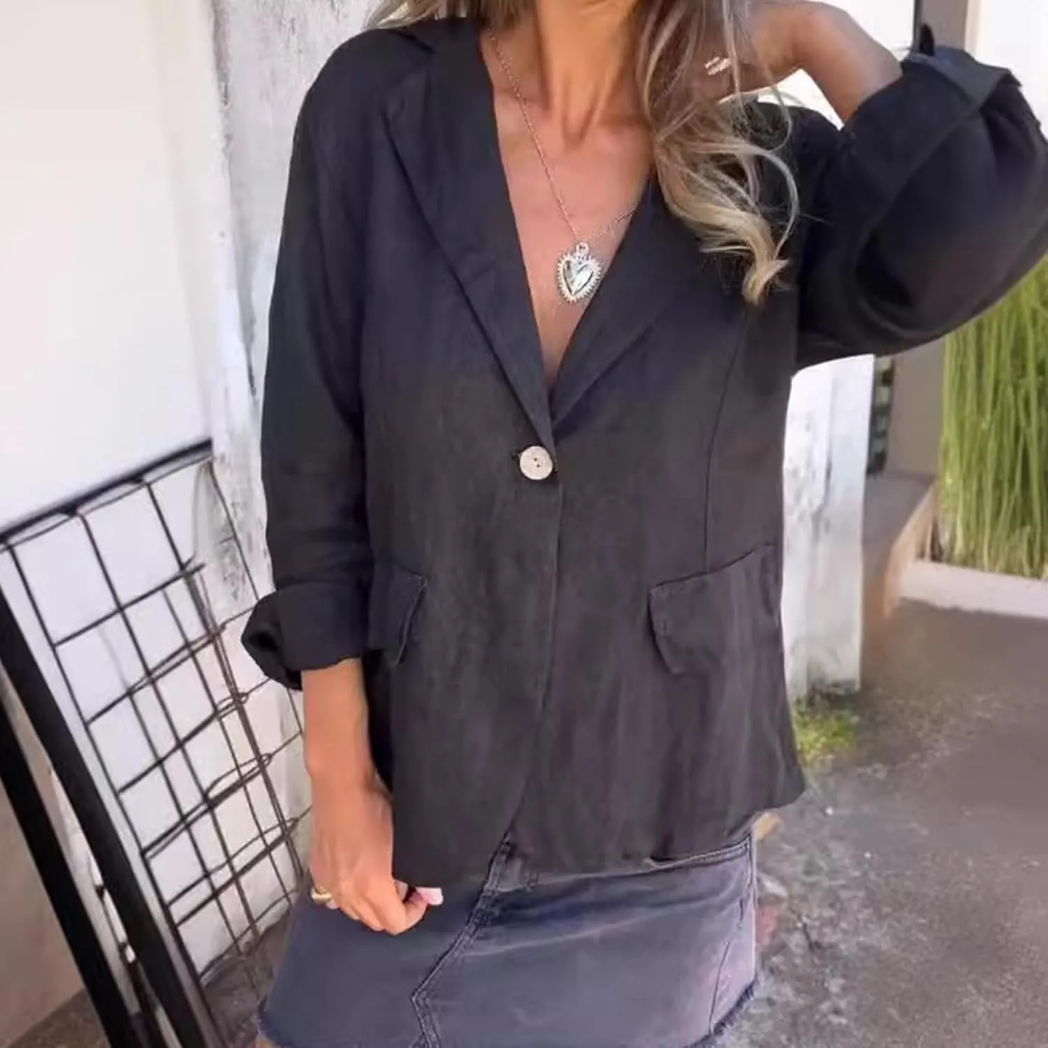 Cotton and Linen Casual Lapel Single-Button Thin Coat, for Womens Long Sleeve Loose Casual Blazer Jackets