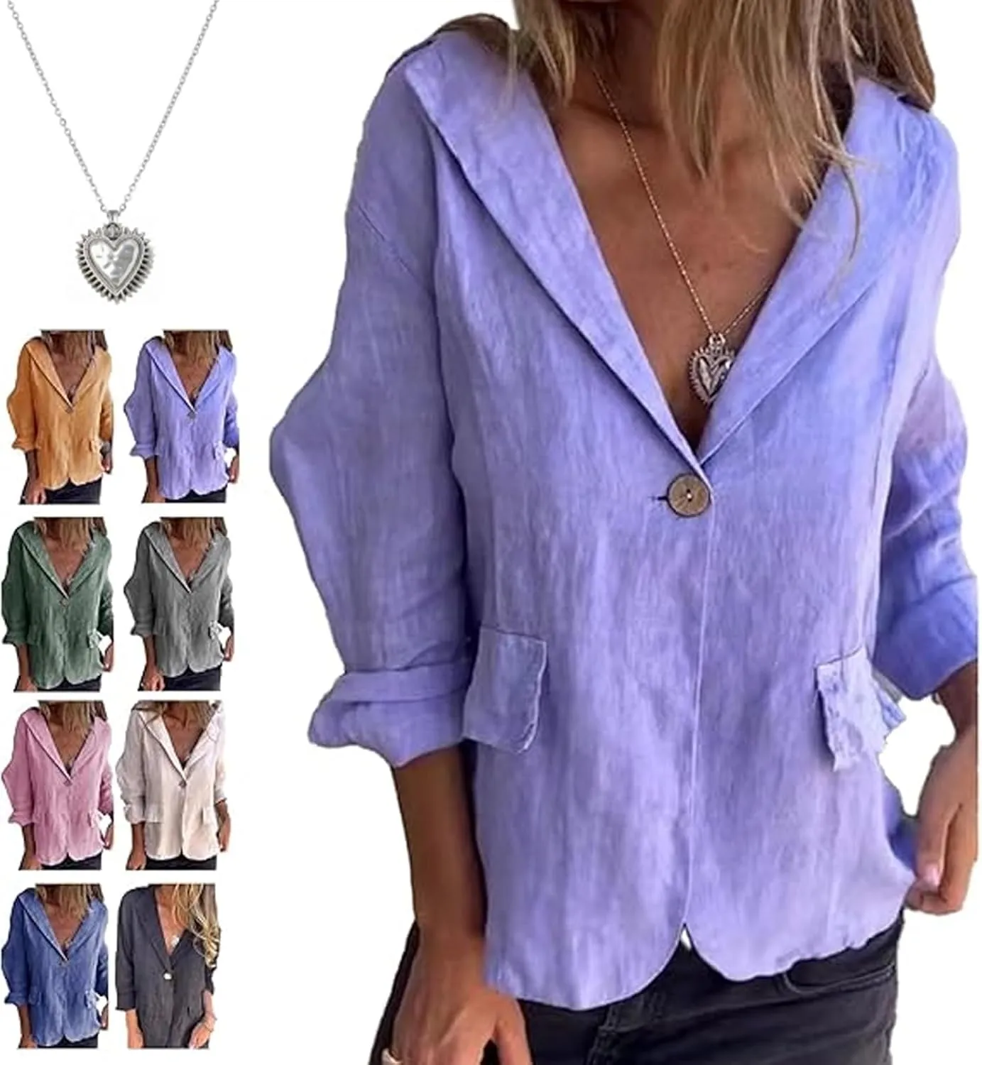 Cotton and Linen Casual Lapel Single-Button Thin Coat, Linen Blazer Women, Long Sleeve Loose Lapel Blazer Jacket
