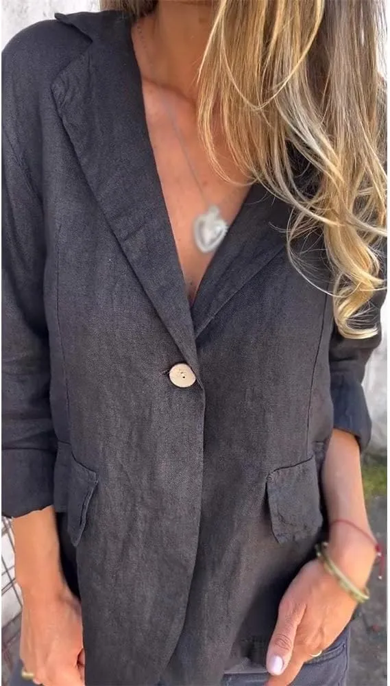 Cotton and Linen Casual Lapel Single-Button Thin Coat, Long Sleeve Loose Lapel Blazer Jacket, Linen Blazer Women
