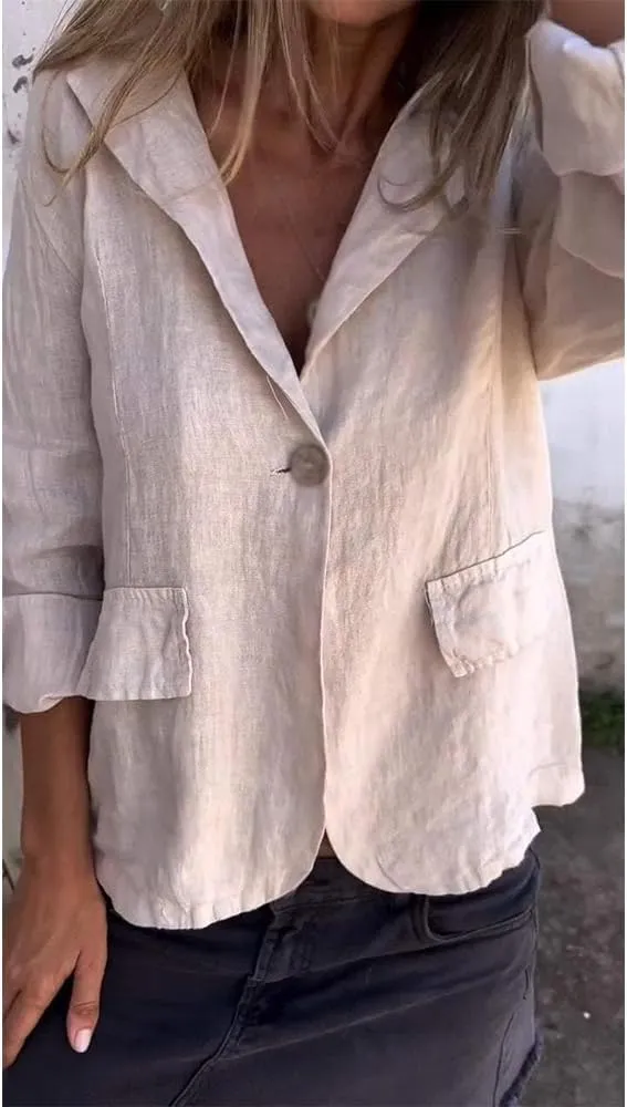 Cotton and Linen Casual Lapel Single-Button Thin Coat, Long Sleeve Loose Lapel Blazer Jacket, Linen Blazer Women