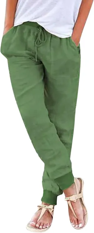 Cotton Linen Capri Pants for Women Casual Summer Loose Drawstring Elastic Waist Pants Casual Trousers with Pockets