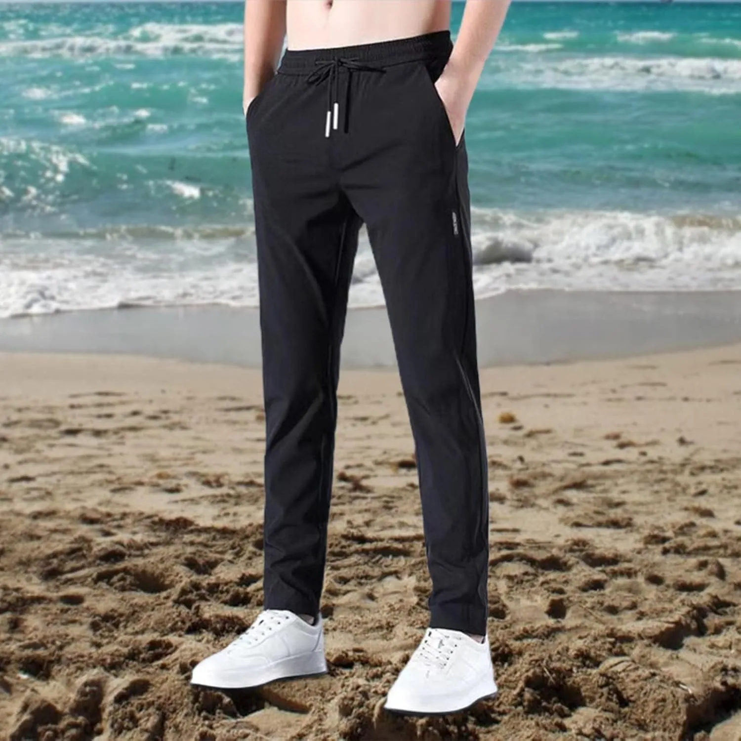 Cotton Linen Pants for Men Casual Loose Fit Pants Outdoor Hiking Trousers Drawstring Elastic Waist Straight Leg Pant