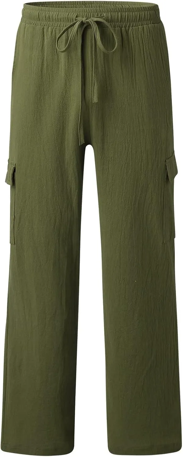 Cotton Linen Pants for Men Mid Waist Drawstring Pants Plain Breathable Yoga Trousers Baggy Beach Trouser with Pockets