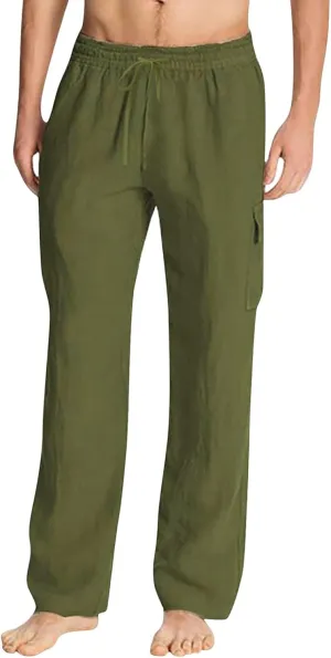 Cotton Linen Pants for Men Mid Waist Drawstring Pants Plain Breathable Yoga Trousers Baggy Beach Trouser with Pockets