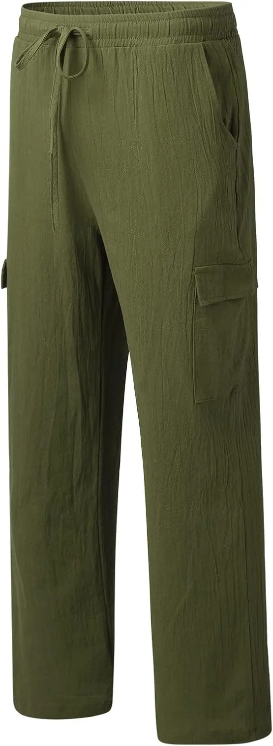 Cotton Linen Pants for Men Mid Waist Drawstring Pants Plain Breathable Yoga Trousers Baggy Beach Trouser with Pockets