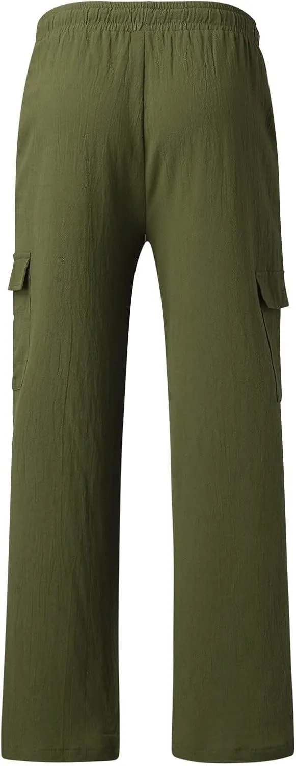Cotton Linen Pants for Men Mid Waist Drawstring Pants Plain Breathable Yoga Trousers Baggy Beach Trouser with Pockets
