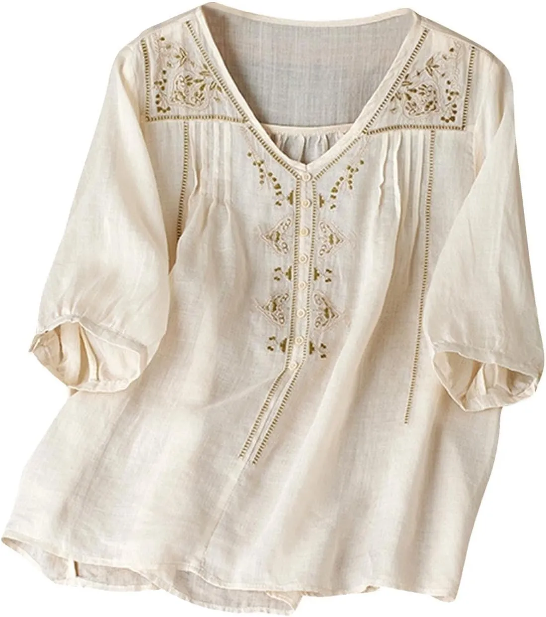 Cotton Linen Tops for Women Summer V Neck Tshirts 3/4 Sleeves Boho Embroidery Dressy Blouse 2025 Causal Loose Tunics