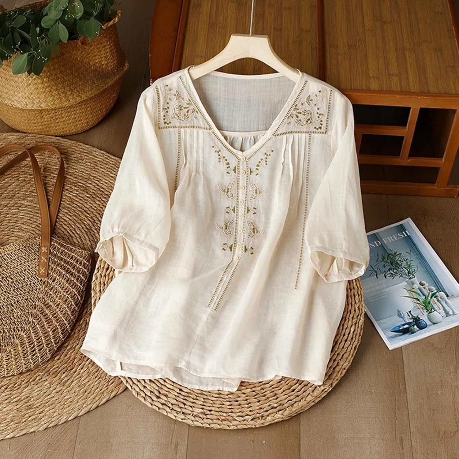 Cotton Linen Tops for Women Summer V Neck Tshirts 3/4 Sleeves Boho Embroidery Dressy Blouse 2025 Causal Loose Tunics