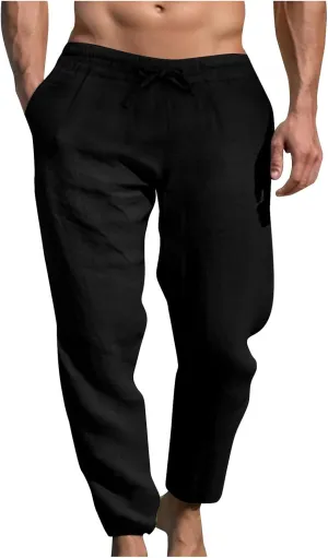 Ctreela Men's Summer Linen Pants Casual Lightweight Drawstring Elastic Waist Beach Pants Straight Leg Breathable Yoga Pants