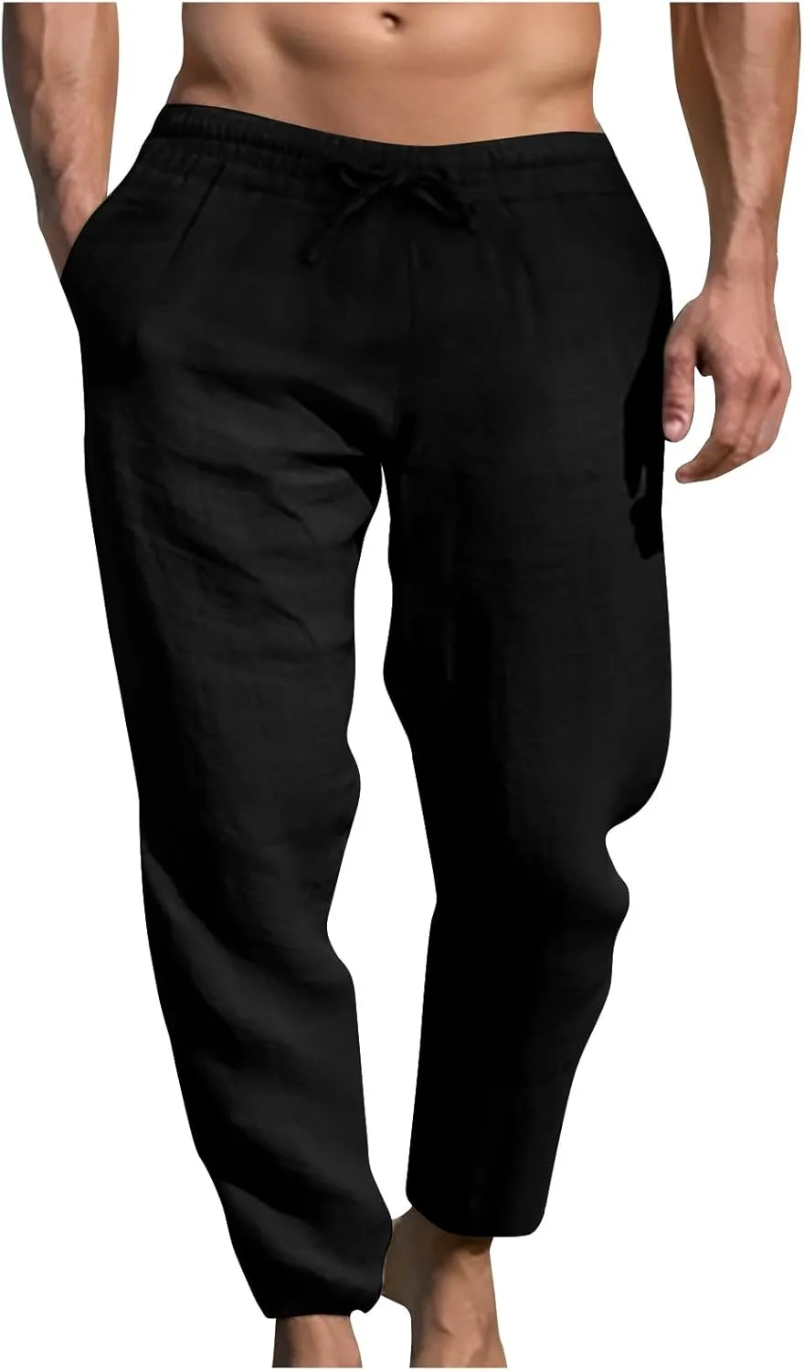 Ctreela Men's Summer Linen Pants Casual Lightweight Drawstring Elastic Waist Beach Pants Straight Leg Breathable Yoga Pants