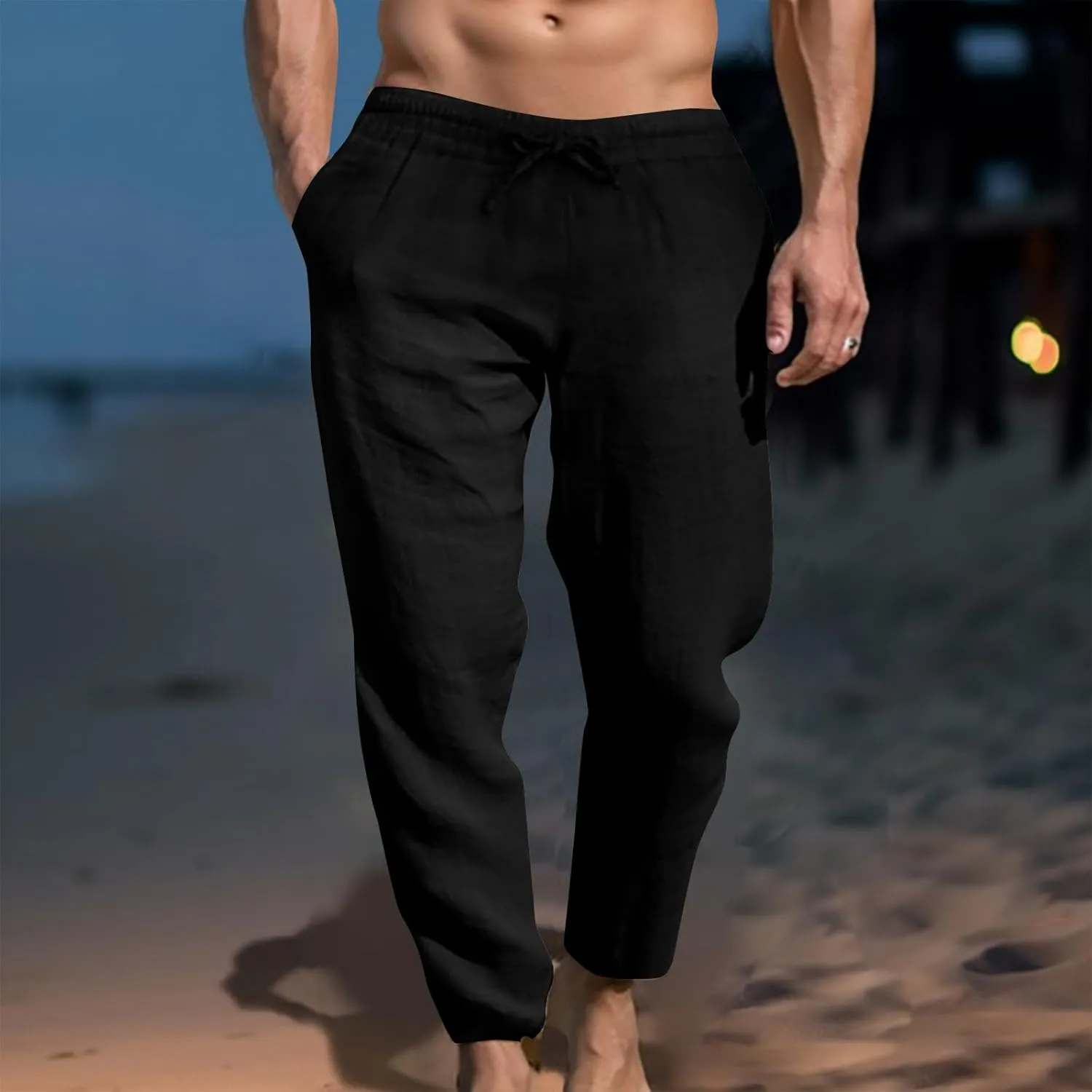 Ctreela Men's Summer Linen Pants Casual Lightweight Drawstring Elastic Waist Beach Pants Straight Leg Breathable Yoga Pants