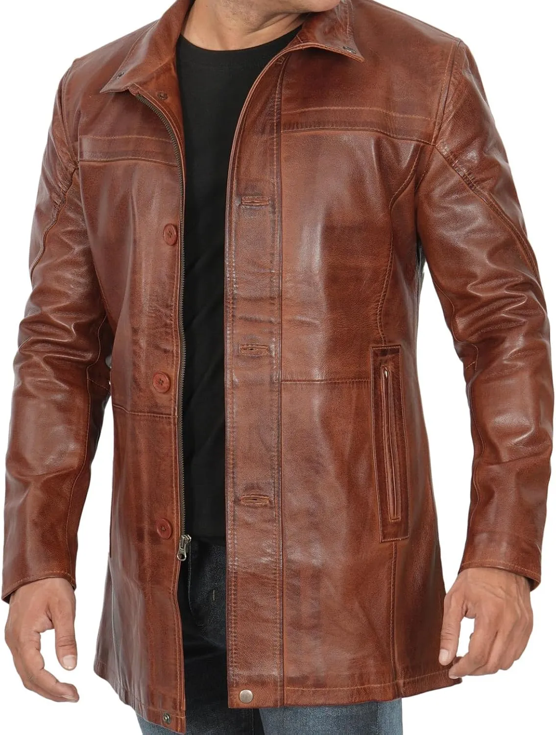 Decrum Mens Leather Coat - Car Coat Style Real Lambskin Leather Jackets for Men