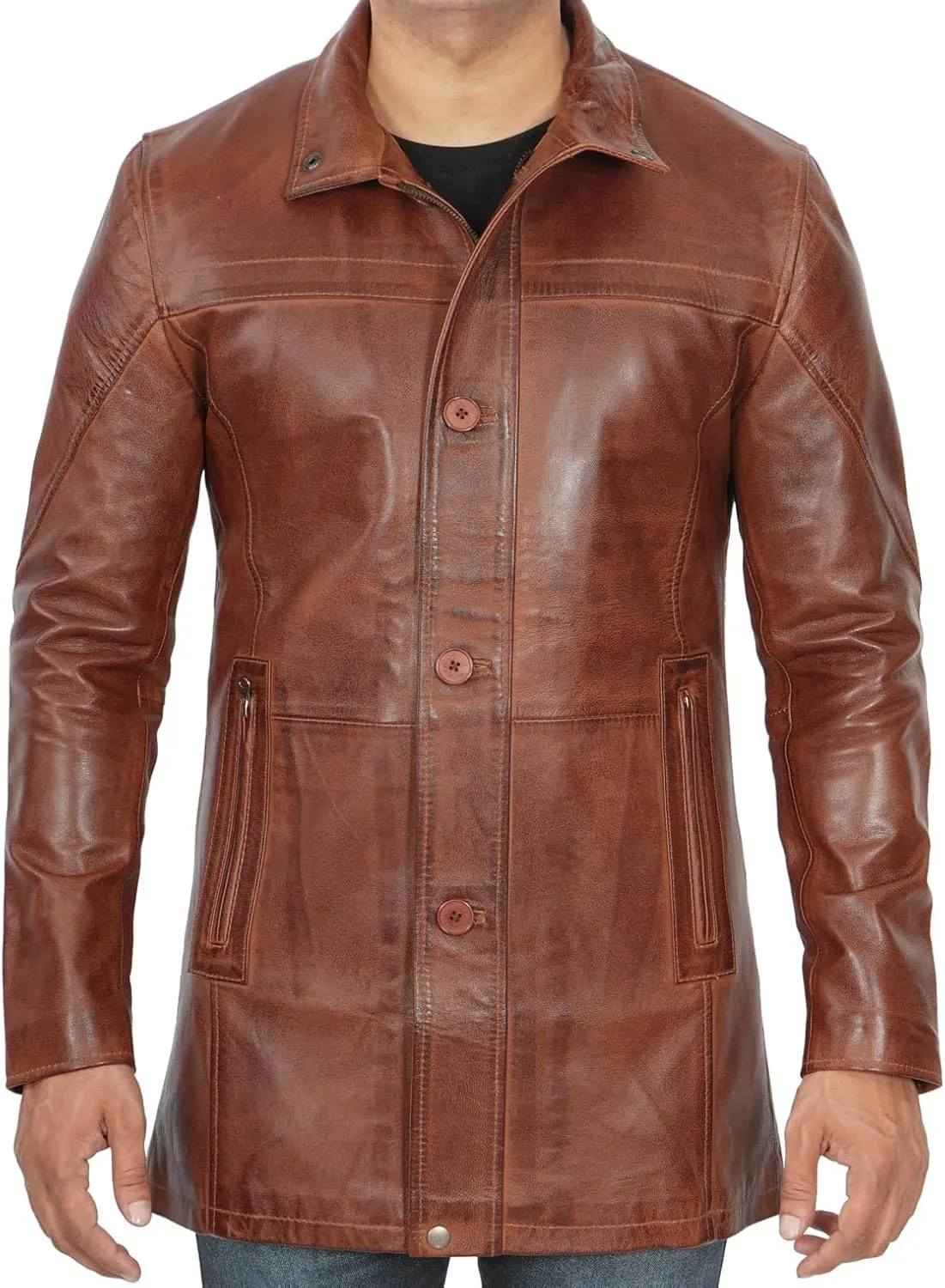 Decrum Mens Leather Coat - Car Coat Style Real Lambskin Leather Jackets for Men