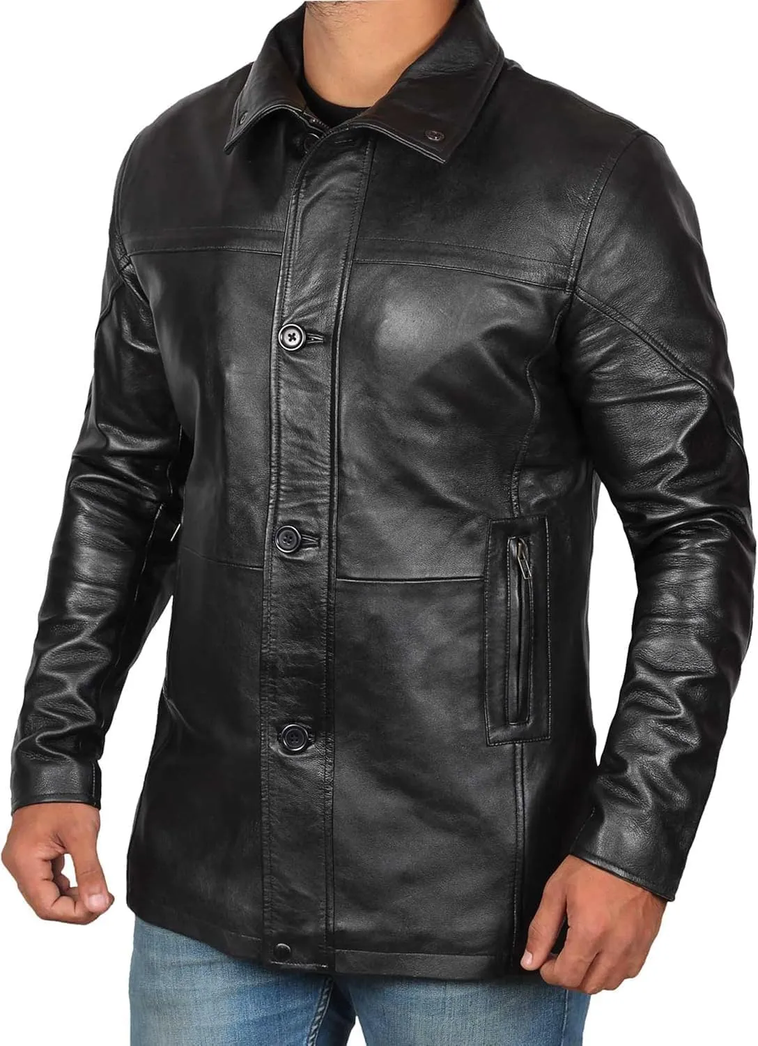 Decrum Mens Leather Coat - Car Coat Style Real Lambskin Leather Jackets for Men