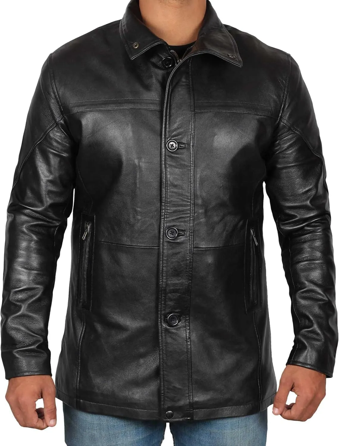 Decrum Mens Leather Coat - Car Coat Style Real Lambskin Leather Jackets for Men