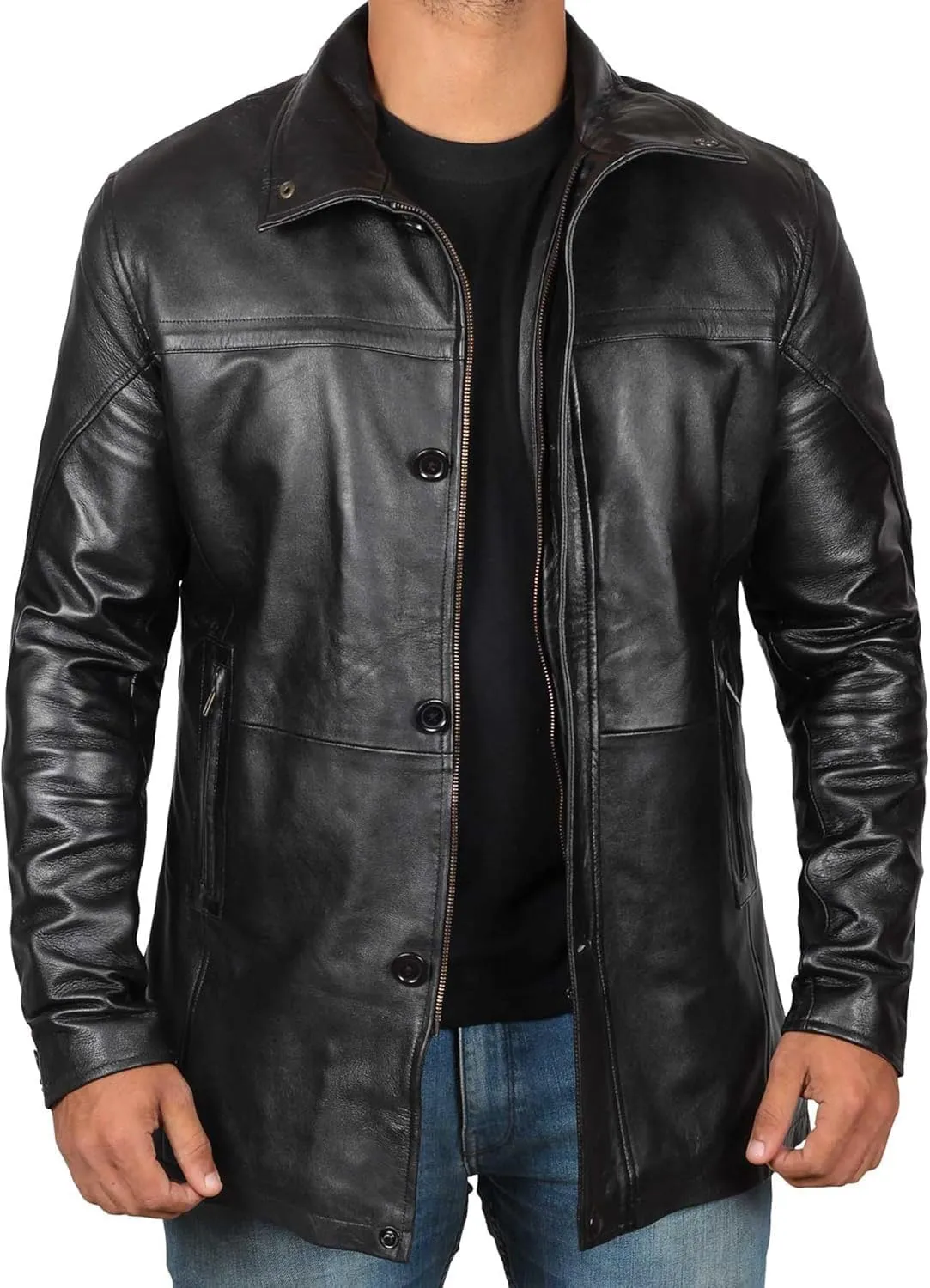 Decrum Mens Leather Coat - Car Coat Style Real Lambskin Leather Jackets for Men