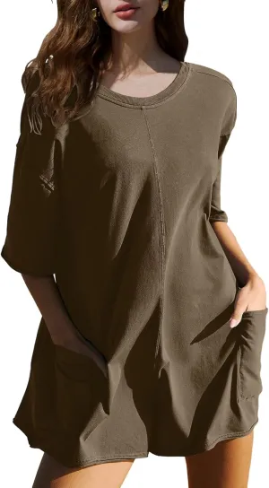 DEEP SELF Women's Summer Casual Rompers Short Sleeve Oversized Workout Athletic Tee Romper Loose Onesie Shorts Jumpsuits