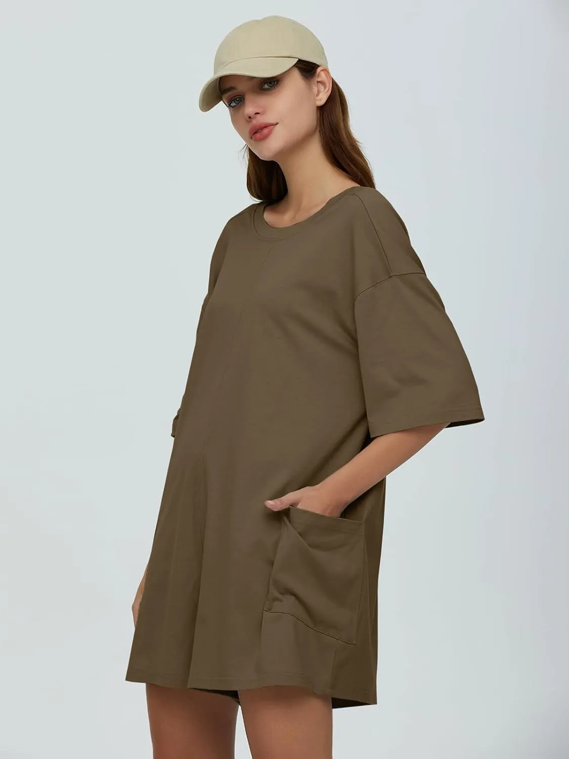 DEEP SELF Women's Summer Casual Rompers Short Sleeve Oversized Workout Athletic Tee Romper Loose Onesie Shorts Jumpsuits