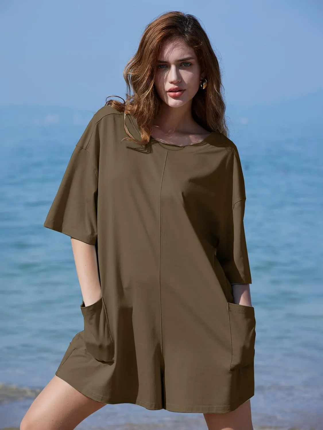 DEEP SELF Women's Summer Casual Rompers Short Sleeve Oversized Workout Athletic Tee Romper Loose Onesie Shorts Jumpsuits