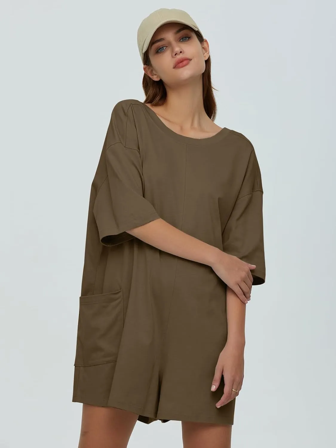 DEEP SELF Women's Summer Casual Rompers Short Sleeve Oversized Workout Athletic Tee Romper Loose Onesie Shorts Jumpsuits