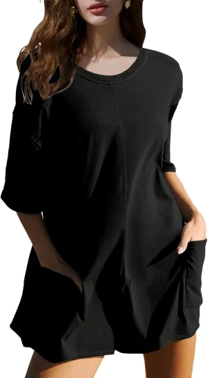 DEEP SELF Women's Summer Casual Rompers Short Sleeve Oversized Workout Athletic Tee Romper Loose Onesie Shorts Jumpsuits