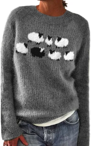 Fair Isle Sweater Women Plus Size Vintage Long Sleeve Crewneck Sweater Retro Fair Isle Knit Pullover Sweater Tops S-5XL