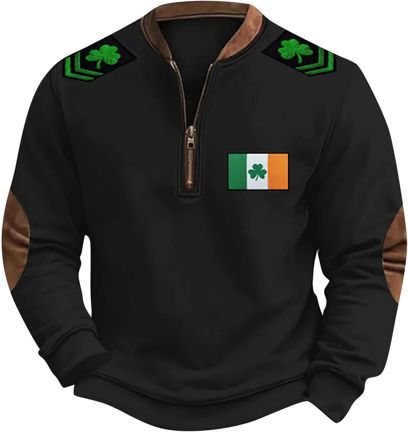 Fashion St Patricks Day Sweatshirts For Mens Vintage Print Long Sleeve Causal V-Neck Zip Up Fashion Irish Pullover Shirts