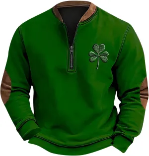 Fashion St Patricks Day Sweatshirts For Mens Vintage Print Long Sleeve Causal V-Neck Zip Up Fashion Irish Pullover Shirts