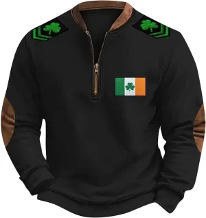 Fashion St Patricks Day Sweatshirts For Mens Vintage Print Long Sleeve Causal V-Neck Zip Up Fashion Irish Pullover Shirts