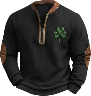 Fashion St Patricks Day Sweatshirts For Mens Vintage Print Long Sleeve Causal V-Neck Zip Up Fashion Irish Pullover Shirts