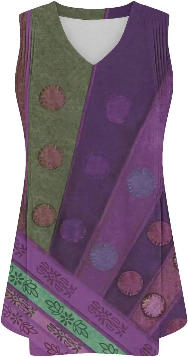 Fashion Vintage Print Sleeveless Shirts for Women, Summer Loose Casual Vacation Clothes Lightweight Comfy V-Neck Tops