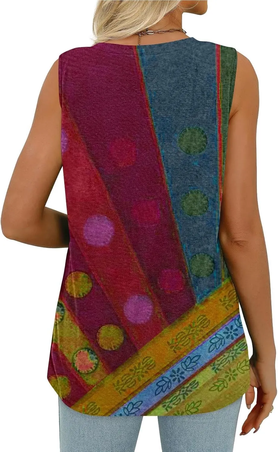Fashion Vintage Print Sleeveless Shirts for Women, Summer Loose Casual Vacation Clothes Lightweight Comfy V-Neck Tops